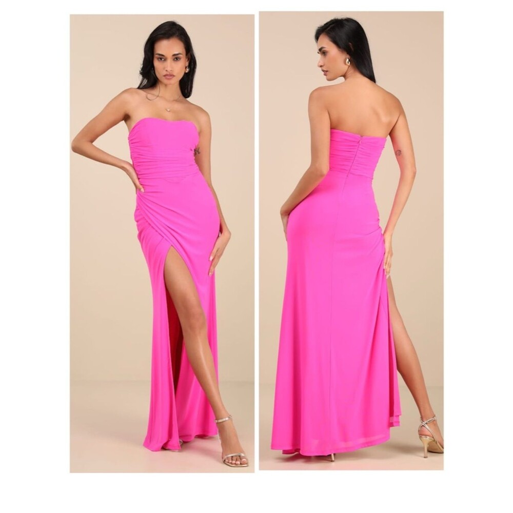 Lulus Epitome of Allure Hot Pink Mesh Strapless Ruched Maxi Dress Size Medium